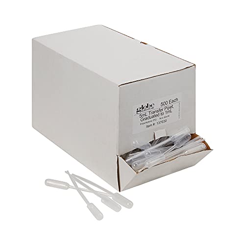 Globe Scientific 137030-500 LDPE Graduated Transfer Pipet, Large Bulb, Non-Sterile, 145mm Length, 5.0mL Capacity (Box of 500)