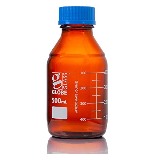 Globe Glass, Amber Media Bottle, 500mL, GL45 Screw Cap, Dual Graduations, 10/Box