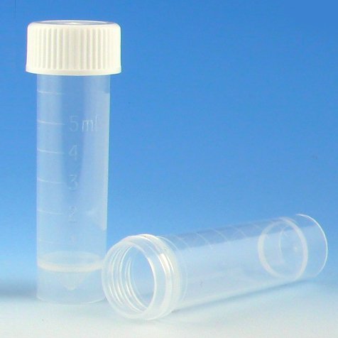 Globe Scientific 6101Y Polypropylene Molded Graduations Conical Bottom Self Standing Transport Tubes with Separate Yellow Polyethylene Screw Cap, 5ml Capacity (Case of 1000)