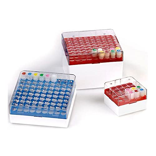 Globe Scientific BioBox 3042B Polycarbonate Storage Box with Transparent Lid for 3mL, 4mL and 5mL Tubes, Holds 81 Vials, Blue (Pack of 4)