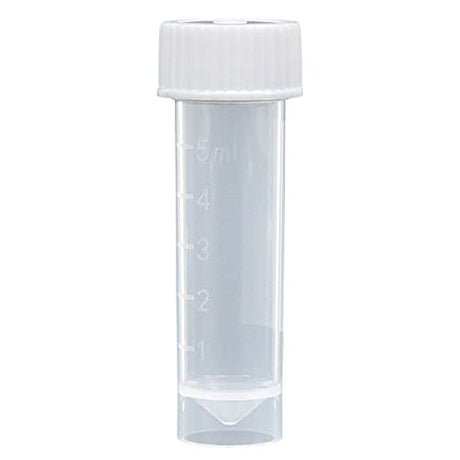 Globe Scientific 6101C Polypropylene Molded Graduations Conical Bottom Self Standing Transport Tubes with Attached White Polyethylene Screw Cap, 5ml Capacity, Pack of 1000