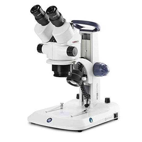 Trinocular Stereo Microscope Stereoblue, 0.7X to 4.5X Zoom Objective, Magnification from 7X to 45x, Ergonomically Stand with Incident and Transmitted Led Illumination, Globe Scientific | Euromex