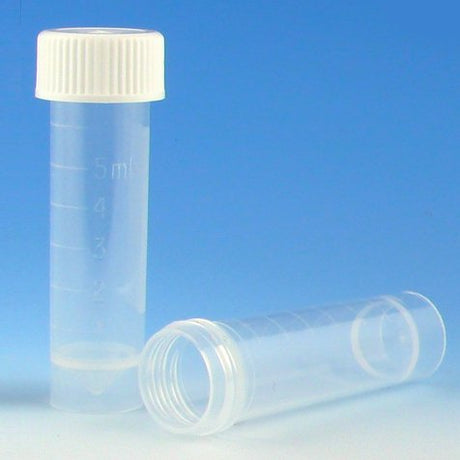 Globe Scientific 6101Y Polypropylene Molded Graduations Conical Bottom Self Standing Transport Tubes with Separate Yellow Polyethylene Screw Cap, 5ml Capacity (Case of 1000)